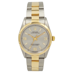 *1999 Rolex 34mm Oyster Perpetual Two Tone 18K Yellow Gold / Stainless Steel Watch with Silver Arabic Dial and Smooth Bezel. (Pre-Owned 14203)