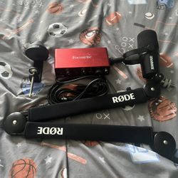 Shure Mic  And Rode Stand And Focusrite Audio Mixer