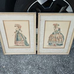 Pair of Antique Style Framed French Fashion Prints / Rococo Style Gilt Frames
