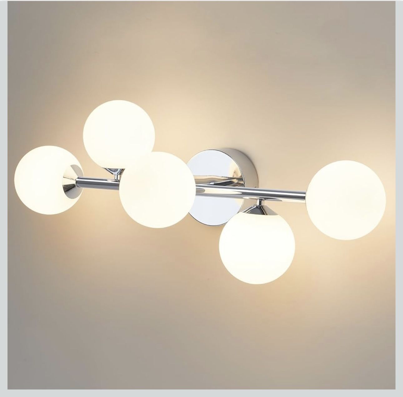 Mid-century modern bathroom vanity lights, 5 dimmable chrome lights with frosted milk Glass 