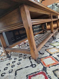 Large Vintage Oak Coffee Table on Casters – 72" x 22" – Solid & Sturdy