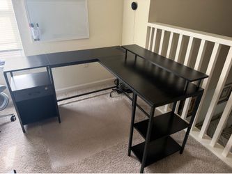 Large L-Shaped Desk with Built-in Charging and Locking Drawer