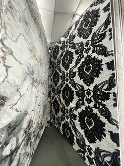 Large Area Rug Black Damask Pattern
