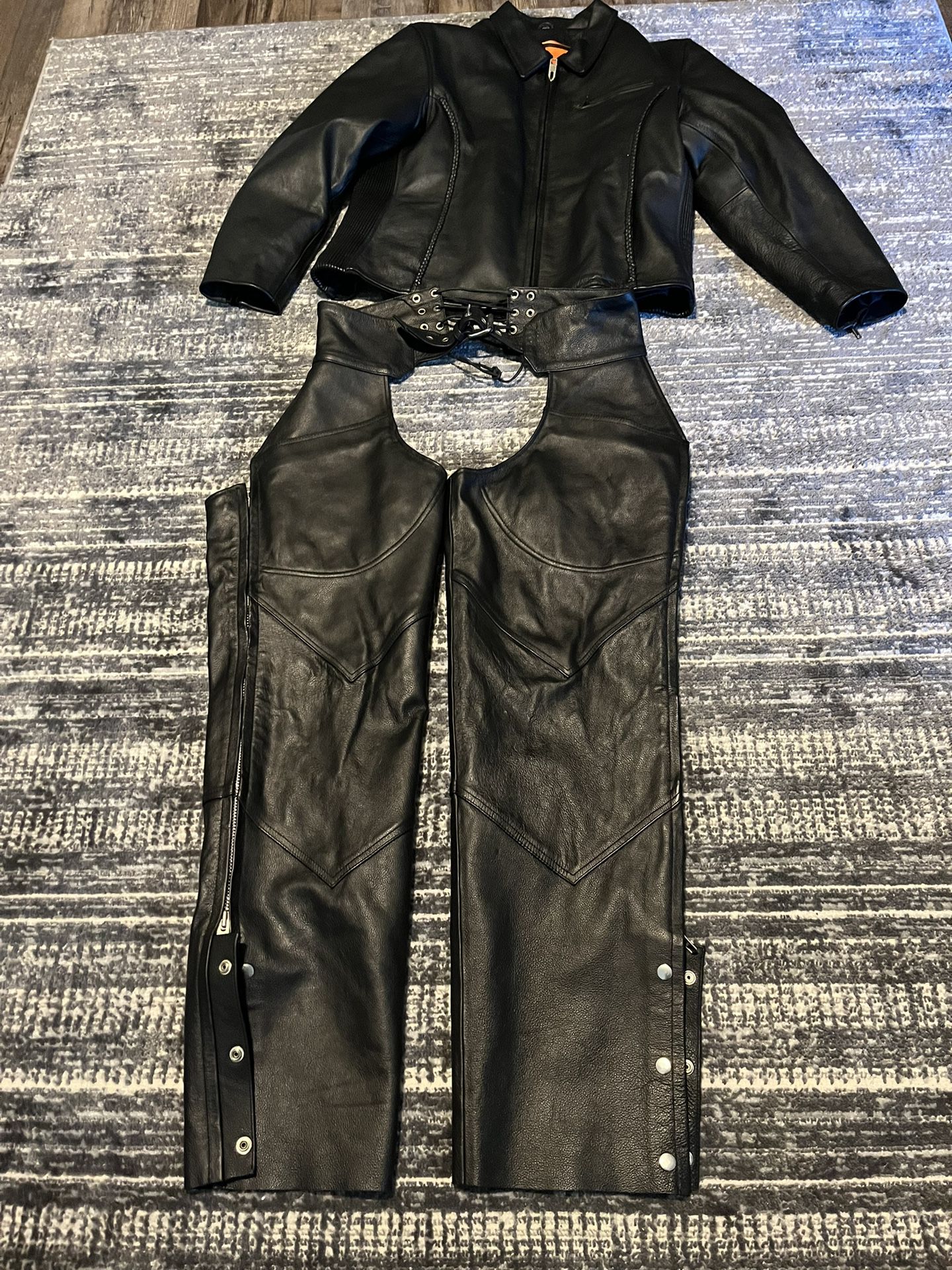 Woman’s Leather Motorcycle Jacket And Chaps