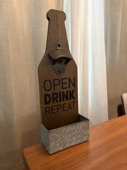 Rustic Wooden Beer Bottle Opener Sign with Galvanized Cap Catcher