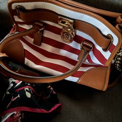 Michael Kors Hamilton Red & White Striped Nautical Satchel Gold Lock & Key