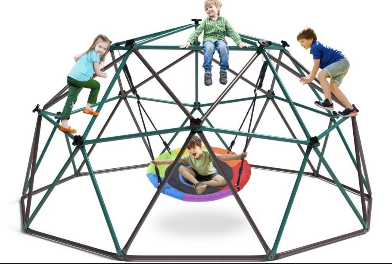 Hapfan 10ft Climbing Dome Swing Set with Saucer Swing, Jungle Gym for Kids Outdoor Backyard, Supports 800lbs, Easy Asssembly, Rust-Resistant Brand New