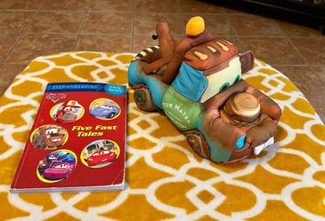 Disney Pixar Cars Tow Mater Plush Stuffed Vehicle Small + Five Fast Tales Book