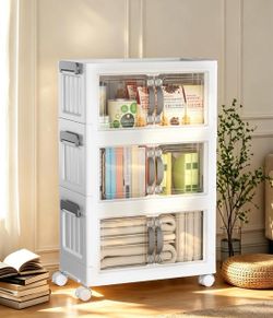 Hanyi 42 QT 3-Tier Stackable Storage Bins with Lids, Clear Doors, 4 Wheels Collapsible storage cabinet, PP and ABS, dual access, leather pulls, reinfo