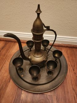 Brass Middle Eastern Dallah Tea Set with Tray