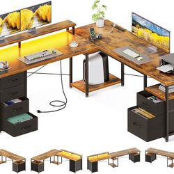59" L Shaped Desk, Computer Desk with File Cabinet & 4 Fabric Drawers, Home Office Desk with Monitor Shelf & Power Outlet, Two Person Desk or Corner D