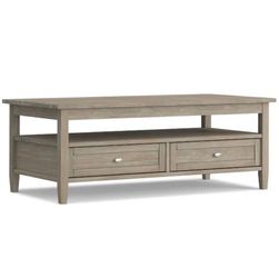 New Simpli Home Warm Shaker Solid Wood Coffee Table – Distressed Grey – 48”