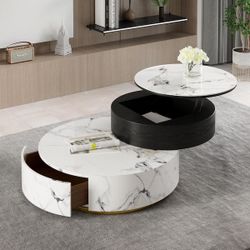 35.43 in. Black and White Round Nesting Storage Top Wood Coffee Table with Drawers