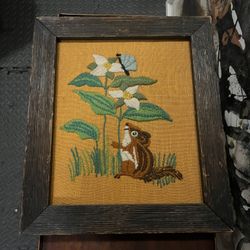 Vintage Crewel Embroidery Of Squirrel 