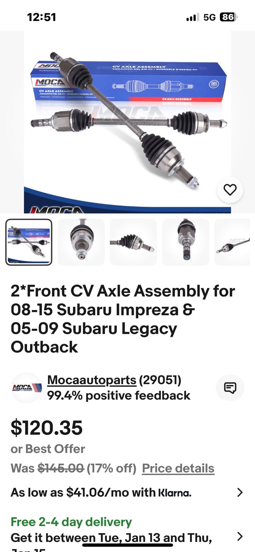 Subaru Outback/Imprezza/Legacy NEW Frt CV Axles (2)