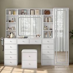 Vanity Desk Full Length Mirror & LED Mirror with Power Outlet, Makeup Vanity 14 Drawers & 10 Shelves