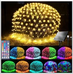 6.5ft x 6.5ft Solar Net Lights, 120LED 34 Colors Changing Christmas Net Lights Solar & USB Powered, Waterproof Mesh String Lights Green Wire for Bushe