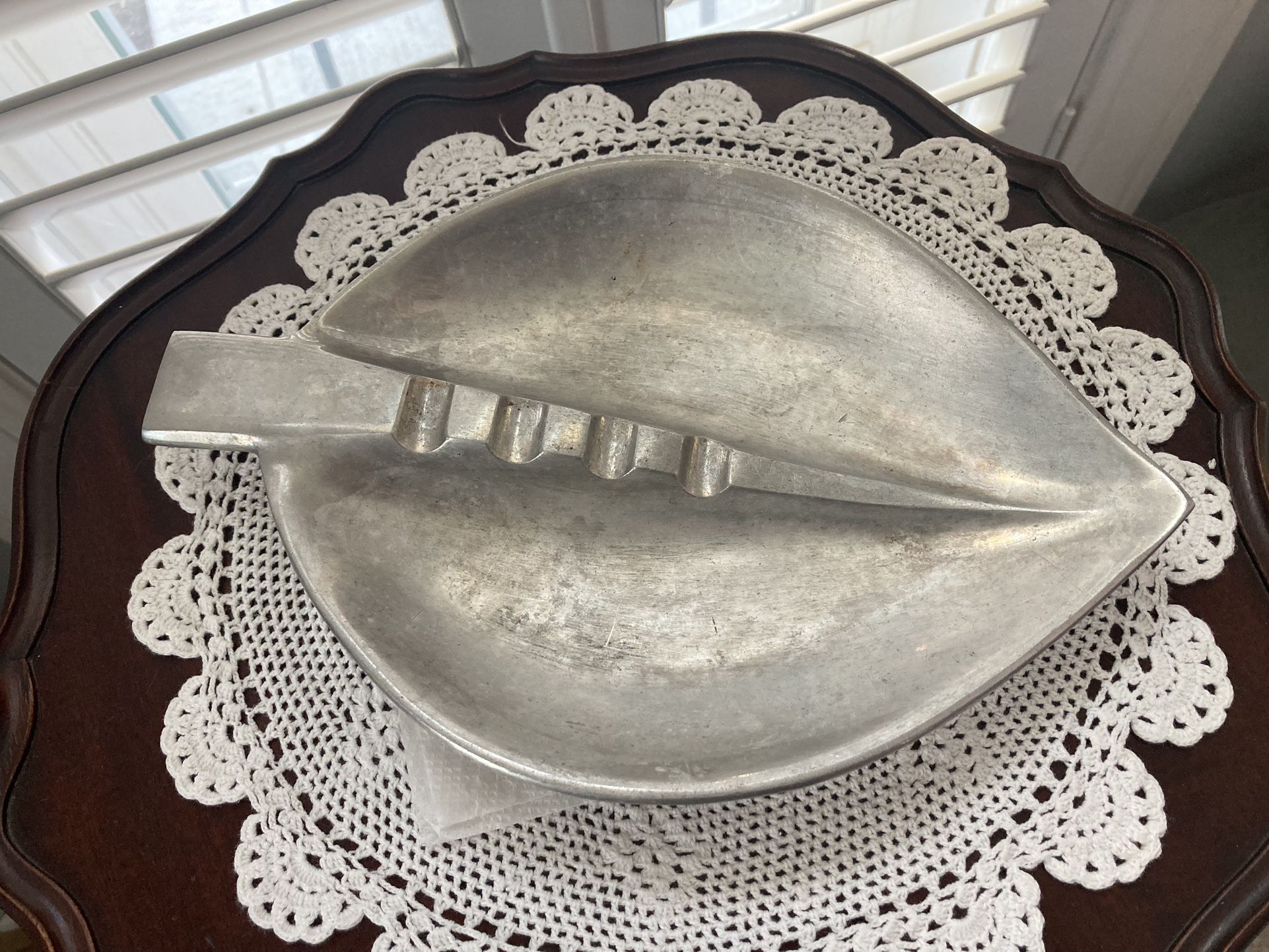 Old 10.5” Leaf Shaped Pewter Ashtray.  No markings.  1960’s