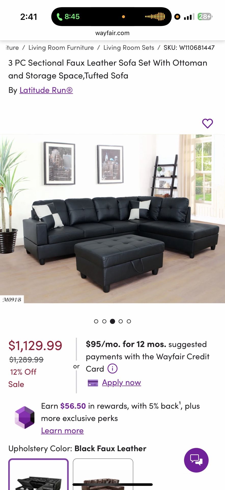 Black Faux Leather Sectional 