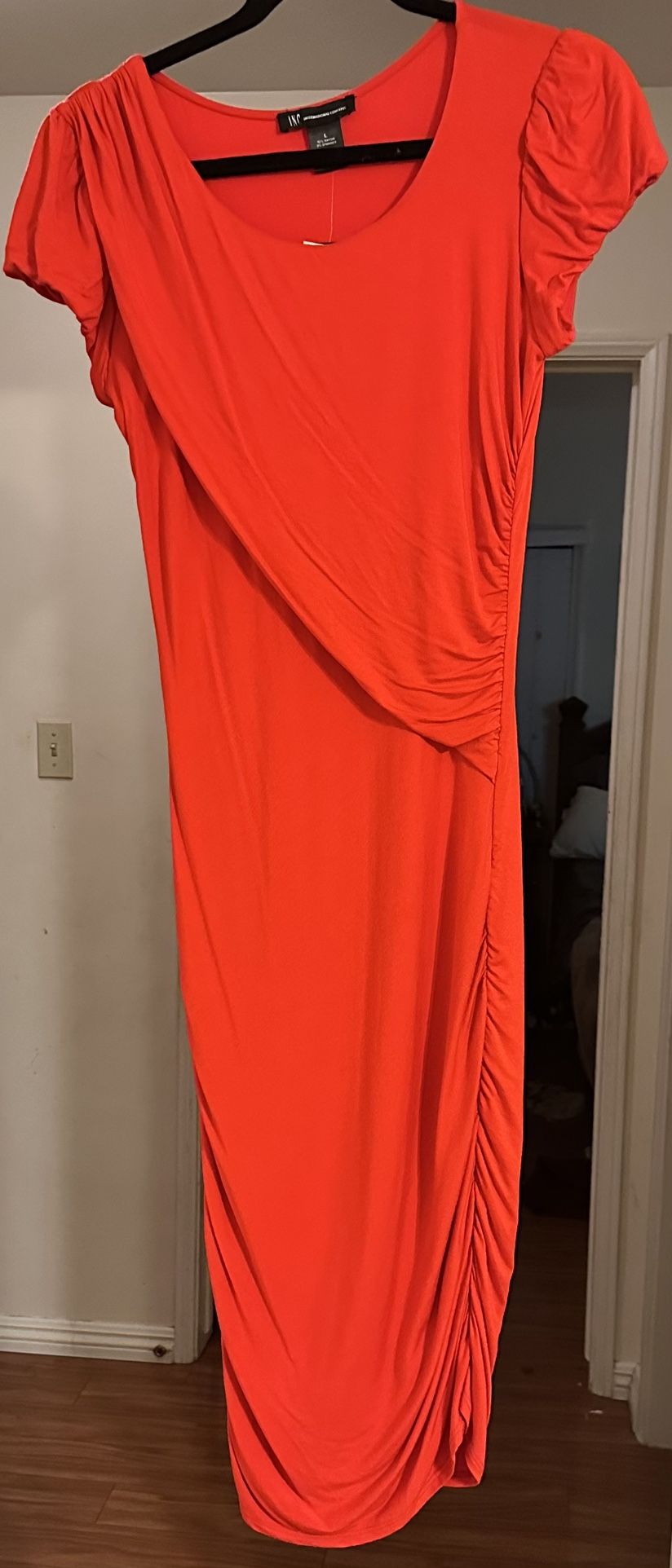 INC International Concepts Red Ruched Midi Maxi Dress NWT Size L Scoop Neck. Party, Cocktail, Date Night