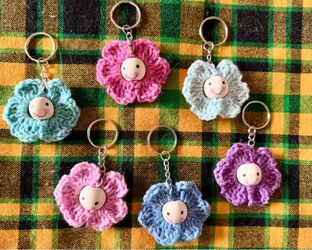 Brand New, Crocheted, Smiley Face  Flower Keychain/ Charm/ Car Hanger