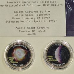 Set of Two Uncirculated colorized Kennedy half-dollar from the American Space Coin Collection. The coins feature images captured by the Hubble Space T