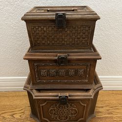 Vintage Faux Wood Sewing Boxes With Trays