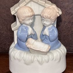 Vintage Nativity Music Box Ceramic Blue and White Made in Japan - "Silent Night"