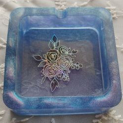 Galaxy Blue Resin made Ashtray With Holographic Flower 