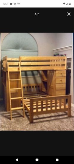Solid Real Wood Twin Bunk Beds with Desk and Drawers - Needs New Slats for Bottom Bunk