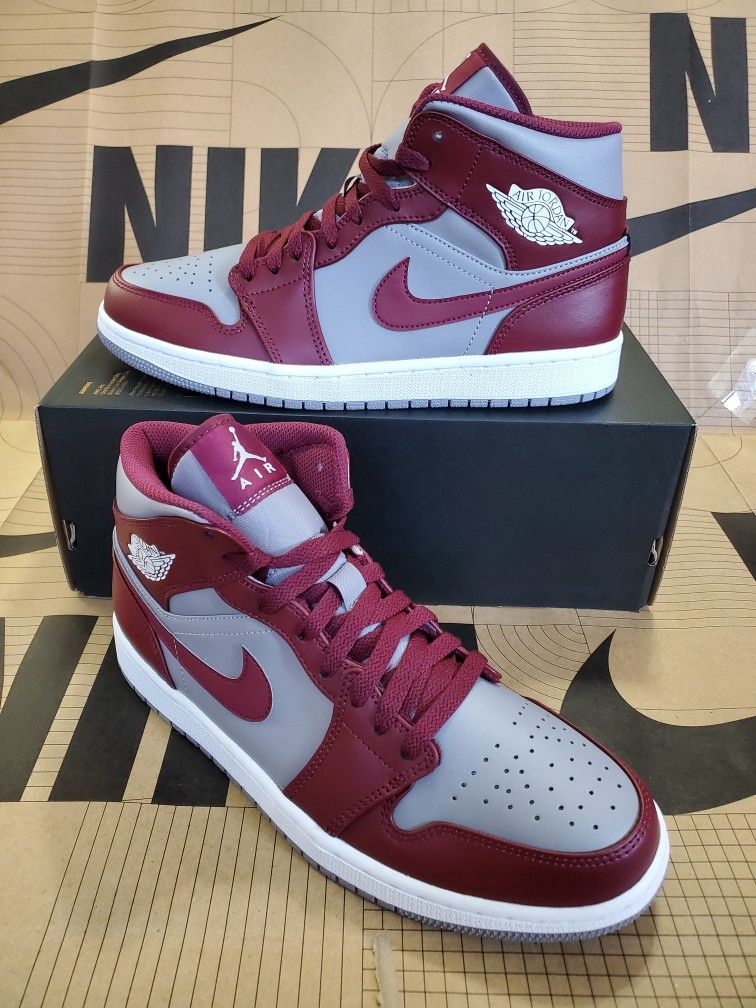 Air Jordan 1 Mid Cherrywood Red/White/Grey Men's Size 9.5 Women's Size 11