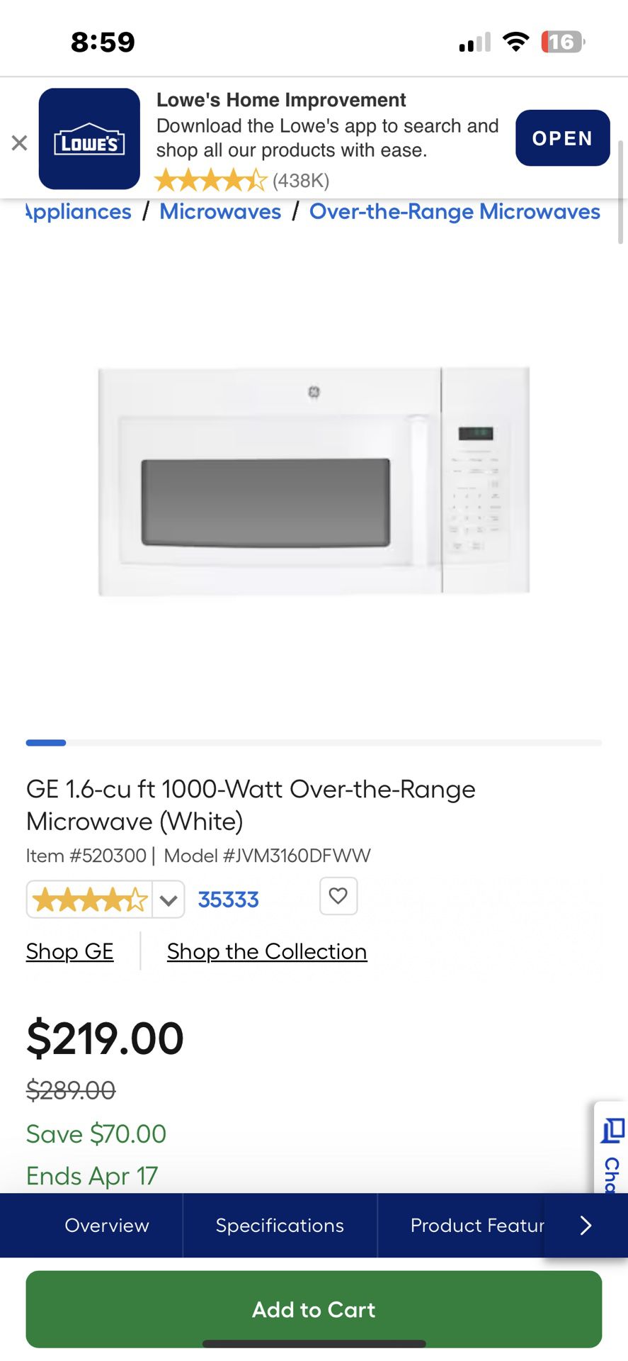 General Electric Over The Range Microwave 