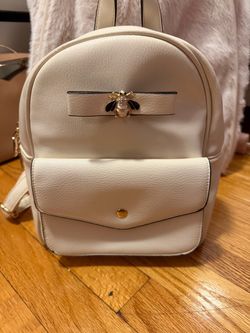 Cream Faux Leather Mini Backpack with Bee Charm