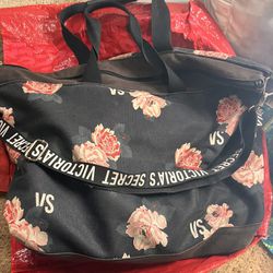 Victoria Secret Large Tote Bag w/ Crossbody Strap- Black With Pink Rose Designs- 