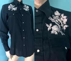Vtg 70s Chute 1 Men’s Black w/White Embroidery Pearl Snaps Western Shirt S
