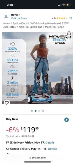 Hover-1 Epsilon Electric Self-Balancing Hoverboard, 320W Dual Motor, 7 mph Max Speed, and 3 Miles Max Range