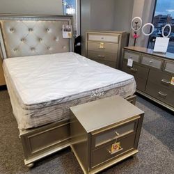 
♡ASK DISCOUNT COUPOn💬 queen King full twin bed dresser mirror nightstand bunk mattress box/3pcs Lila Champagne Upholstered Panel Bedroom Set 