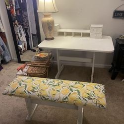 large art drawing table with bench and storage shelving 46” x 30” desk