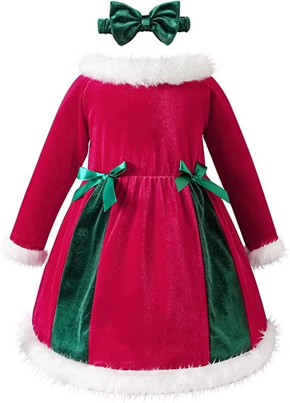 AIKEIDY Toddler Baby Girl Christmas Dress Long Sleeve Velvet Dress For Holiday Wedding Party 12/18 Months