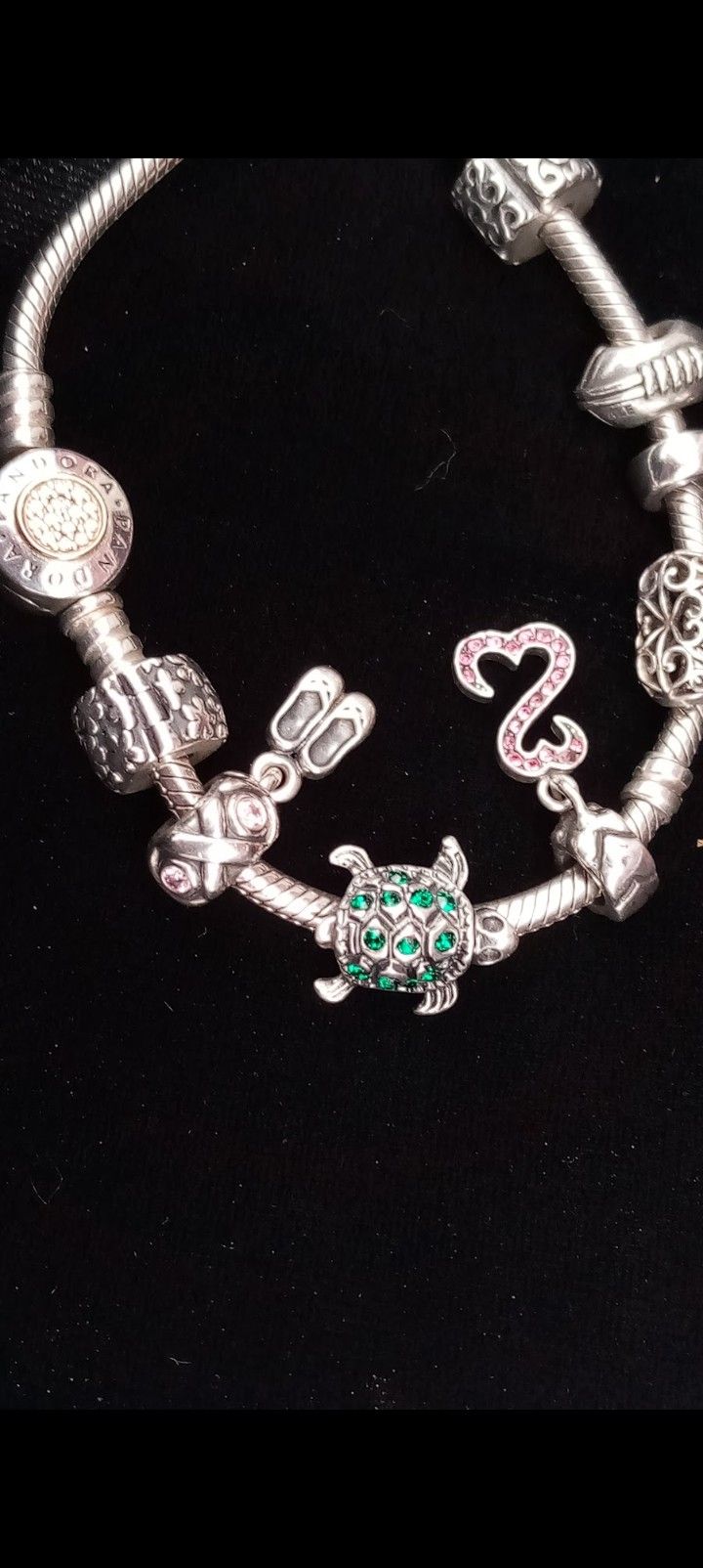 Champagne Diamond Cluster 14k Gold+Sterling Pandora Bracelet W/Multiple Charms