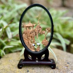 🏯 Pretty vintage oval Chinese Cork Art Diorama (or cork carving) with glass*