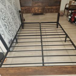 Queen Size Bed Frame with  Headboard with Charging Station Solid Wood Headboard