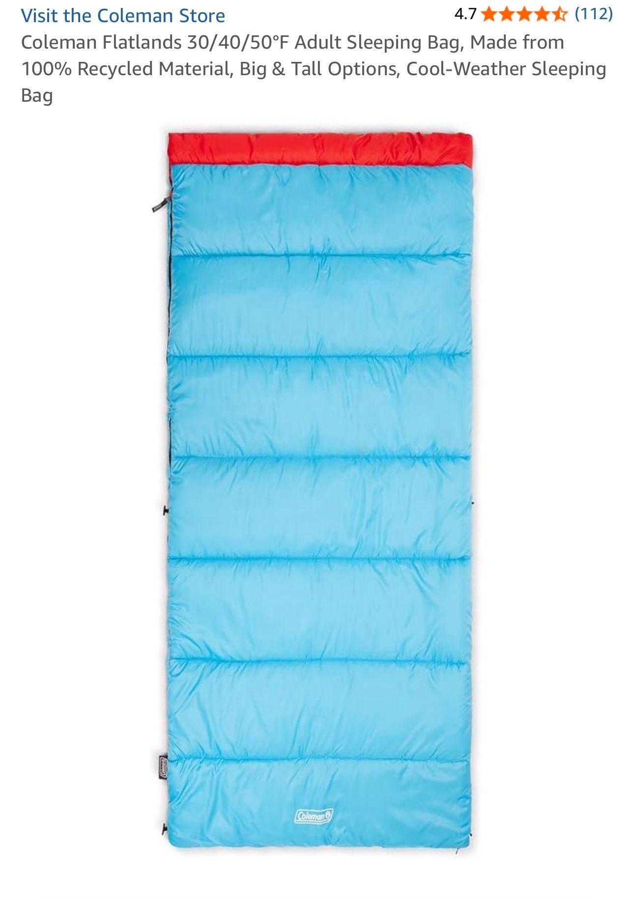 Coleman Flatlands 40°F Sleeping Bag, Made From 100% Recycled Material, Cool Weather Adult Sleep Sack