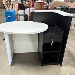 Newly Assembled Reception Desk, Small Retail Checkout Counter with Lockable Drawer and Open Shelves