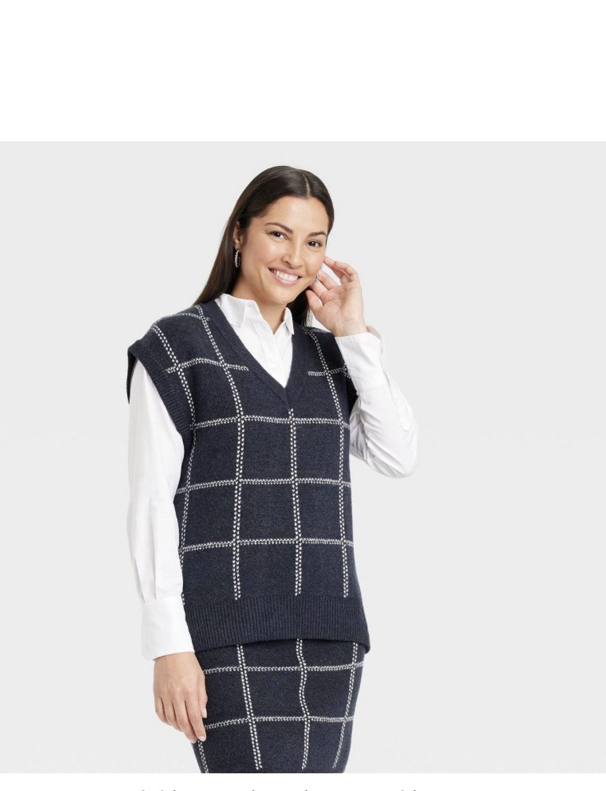 Women's V-neck Sweater Vest Navy Blue Windowpane Size M