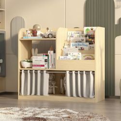 FRIM PRICE—3-Tier Kids Bookshelf and Toy Storage Organizer, Montessori Bookshelf 4 Cube Storage Organizer, Baby Bookshelf with Curtain