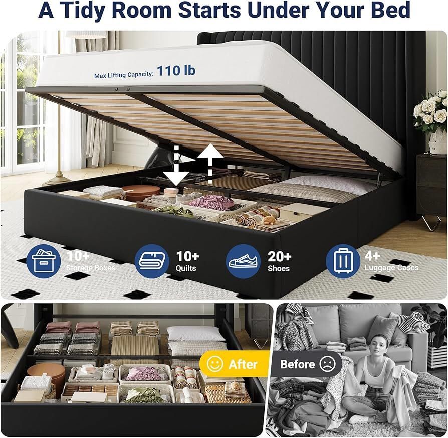 Full Size Lift Up Storage Bed Frame, Hydraulic Support System, Upholstered Platform Bed Frame, Underneath Storage, Vertical Channel Tufted Headboard w