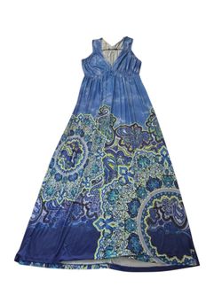 On Emerad live and let live blue pattern/rhinestone sleeveless maxi dress, M.EUC