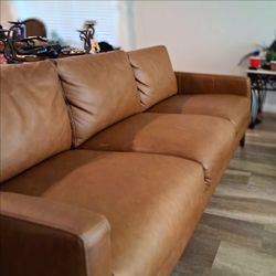2 Tan Leather 3-Seat Sofas