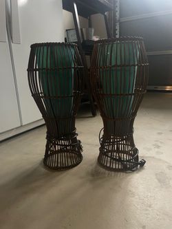 Rattan Table Lamps with Teal Shades – Set of 2
